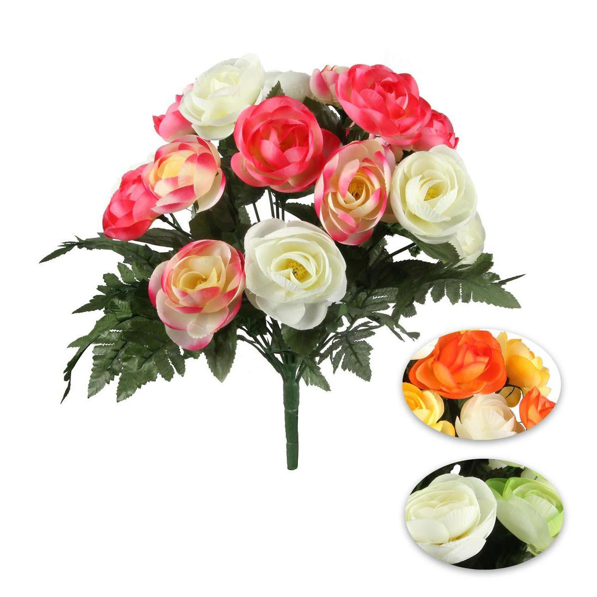 Bouquet de 18 renoncules - Plastique, Polyester - H 36 cm - Rose Beige Orange Jaune Vert