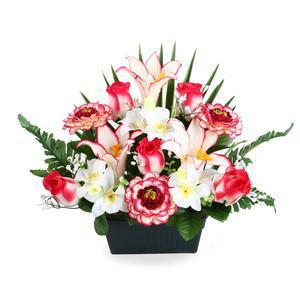 Jardinière de dahlias, lys et roses - Plastique, Polyester - 16 x 10 x 29 cm - Rose Blanc