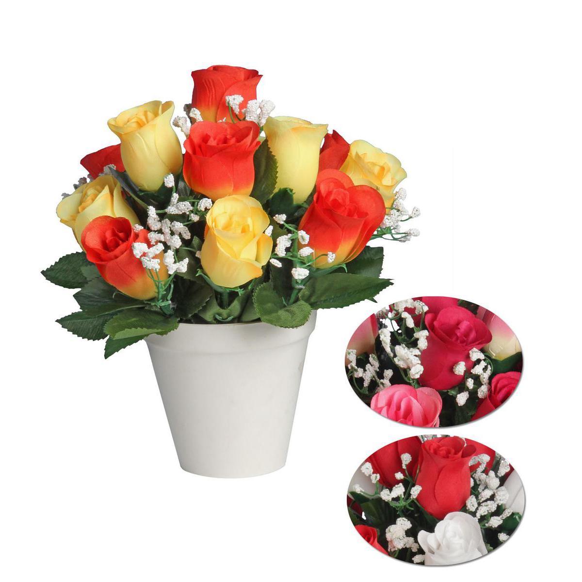 Boutons de roses et gypsophile - Plastique, Polyester - Diam 11 x 23 cm - Orange Jaune Rouge Blanc Rose Violet