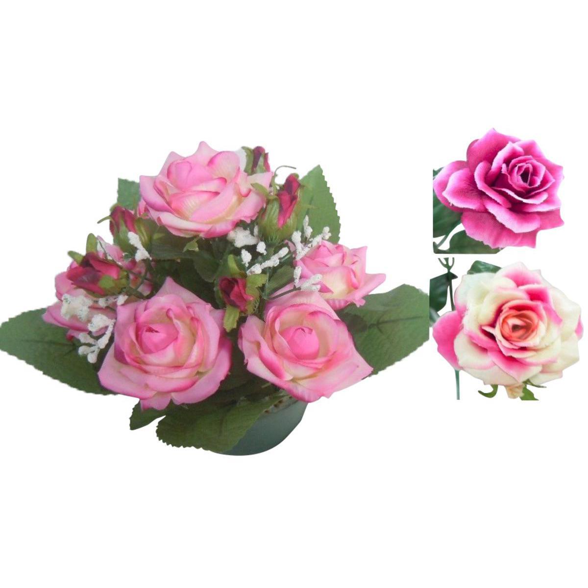 Composition de roses -Plastique, Polyester - Diam 14 x 24 cm - Vert Beige Rose