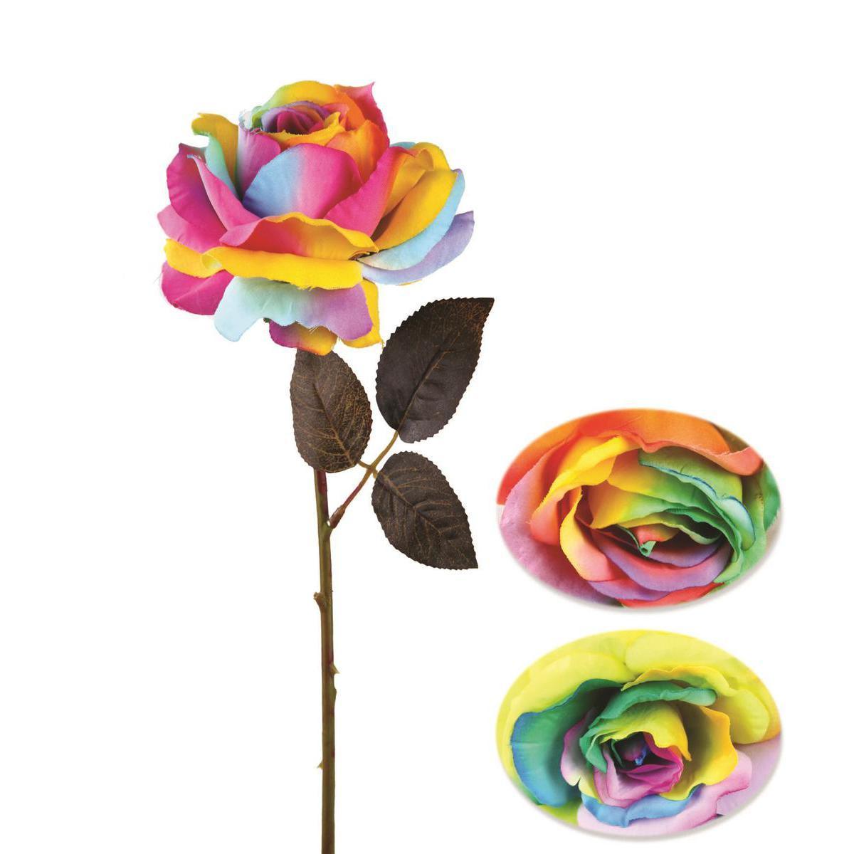 Tige de rose arc en ciel - Plastique, Polyester - H 48 cm - Multicolore