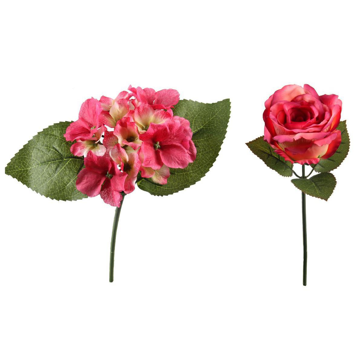 Tige boutons de rose et  hortensia - Plastique, Polyester - H 28 cm - Rose