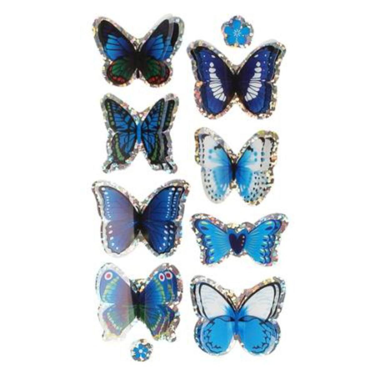 Lot de 8 stickers papillon 3D en papier - 9,5 x 1 x 18 cm - Bleu