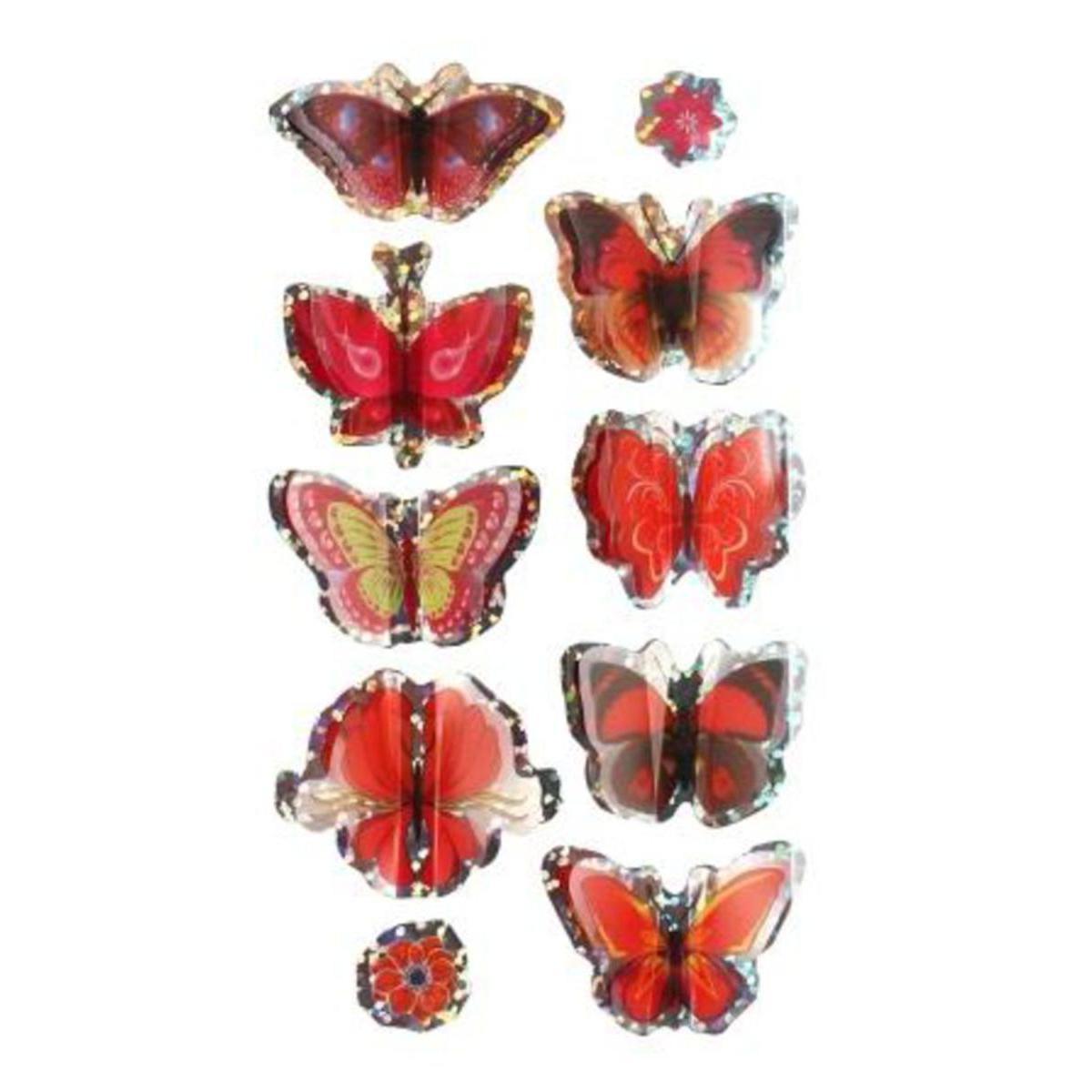 Lot de 8 stickers papillon 3D en papier - 9,5 x 1 x 18 cm - Rouge