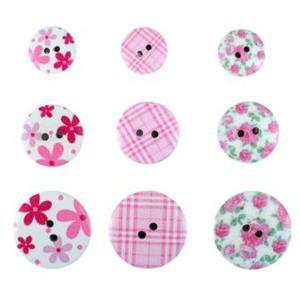 Lot de 9 boutons en bois blanc impression fleurs et carreaux - 10 x 0,5 x 16 cm - Multicolore