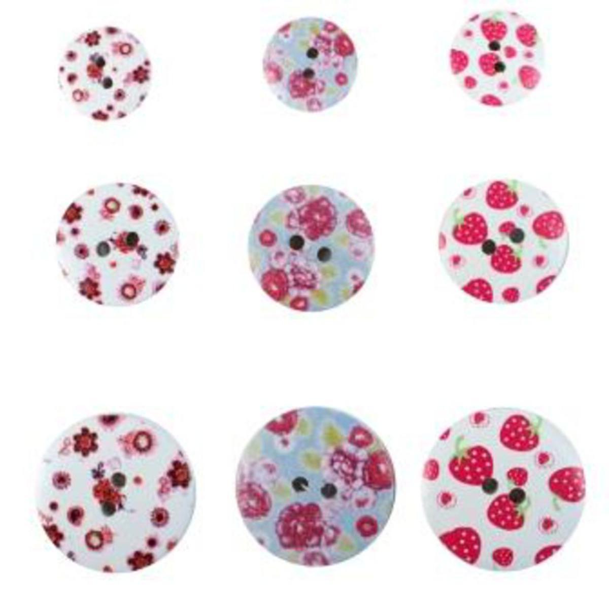 Lot de 9 boutons en bois blanc impression fleurs et fruits - 10 x 0,5 x 16 cm - Multicolore