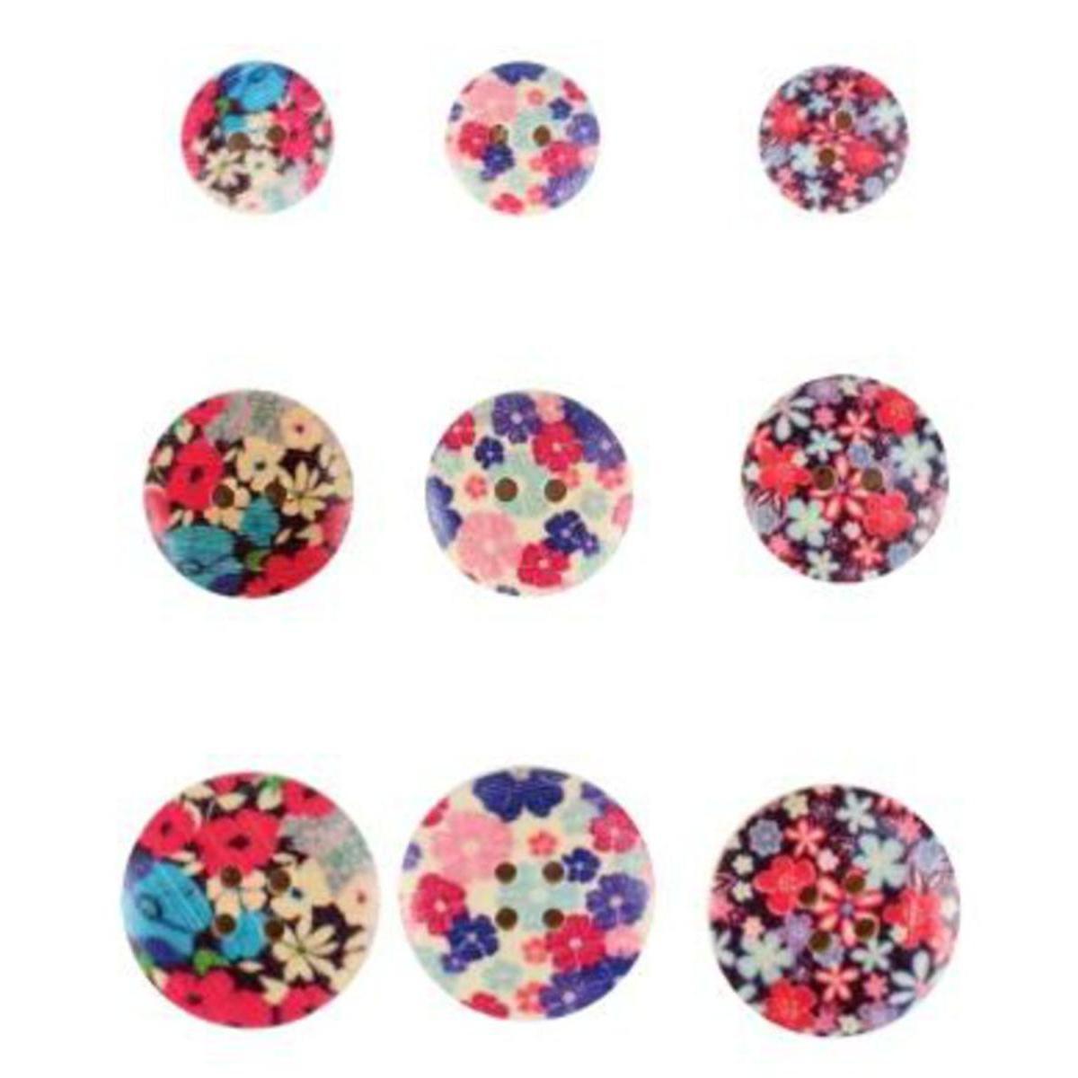 Lot de 9 boutons en bois blanc impression fleurs - 10 x 0,5 x 16 cm - Multicolore