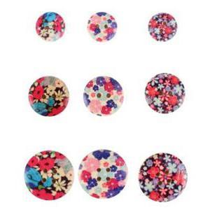 Lot de 9 boutons en bois blanc impression fleurs - 10 x 0,5 x 16 cm - Multicolore