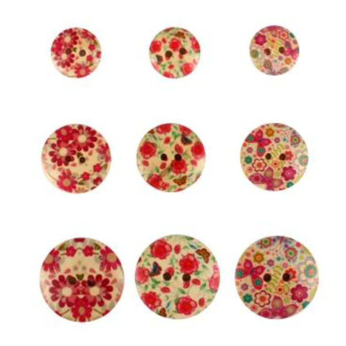 Lot de 9 boutons en bois blanc impression fleurs et papillons - 10 x 0,5 x 16 cm - Multicolore