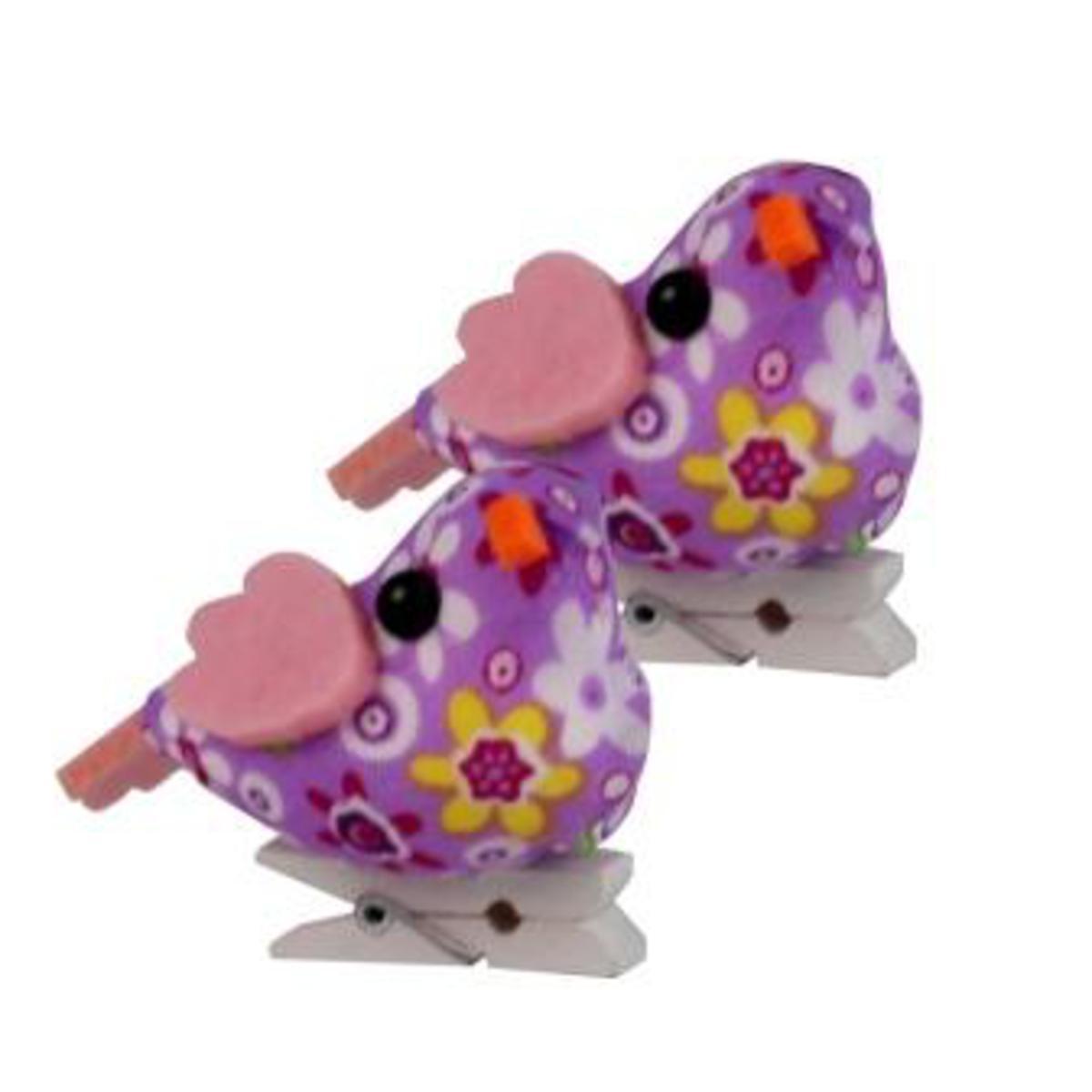 Lot de 2 oiseaux sur pince motif vichy - Coton - 12 x 3 x 14,5 cm - Rose fushia