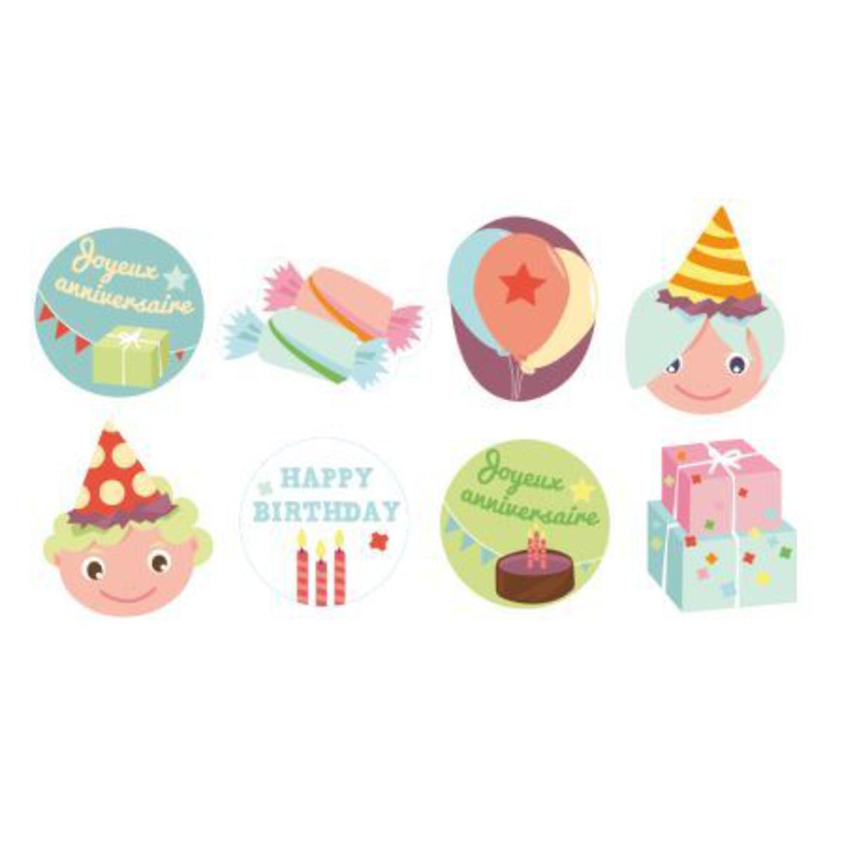 Lot de 8 embellissements Anniversaire - Bois - 8 x 0,5 x 12 cm - Multicolore