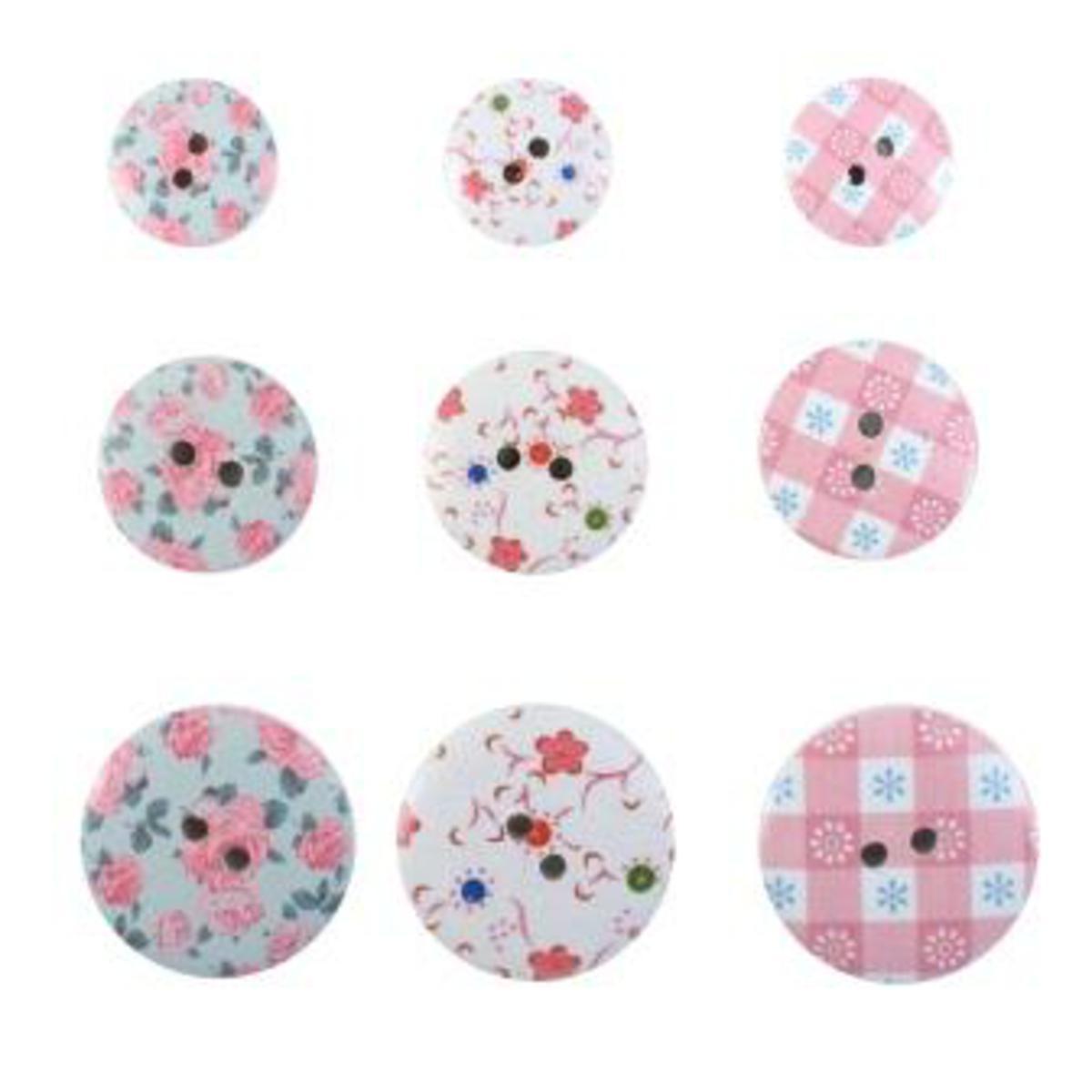 Lot de 9 boutons impression fleurs et vichy - Bois - 1,5-2-2,5 cm - Multicolore