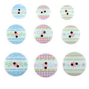 Lot de 9 boutons impression fleurs et bayadères - Bois - 1,5-2-2,5 cm - Multicolore