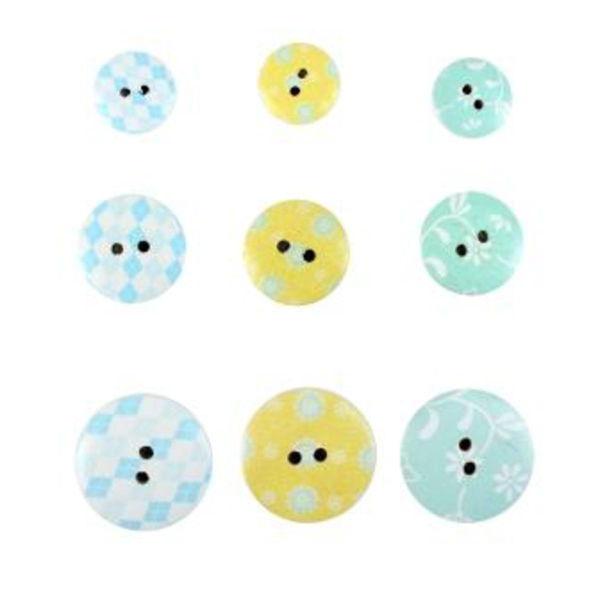 Lot de 9 boutons impression fleurs et jacquard - Bois - 1,5-2-2,5 cm - Multicolore