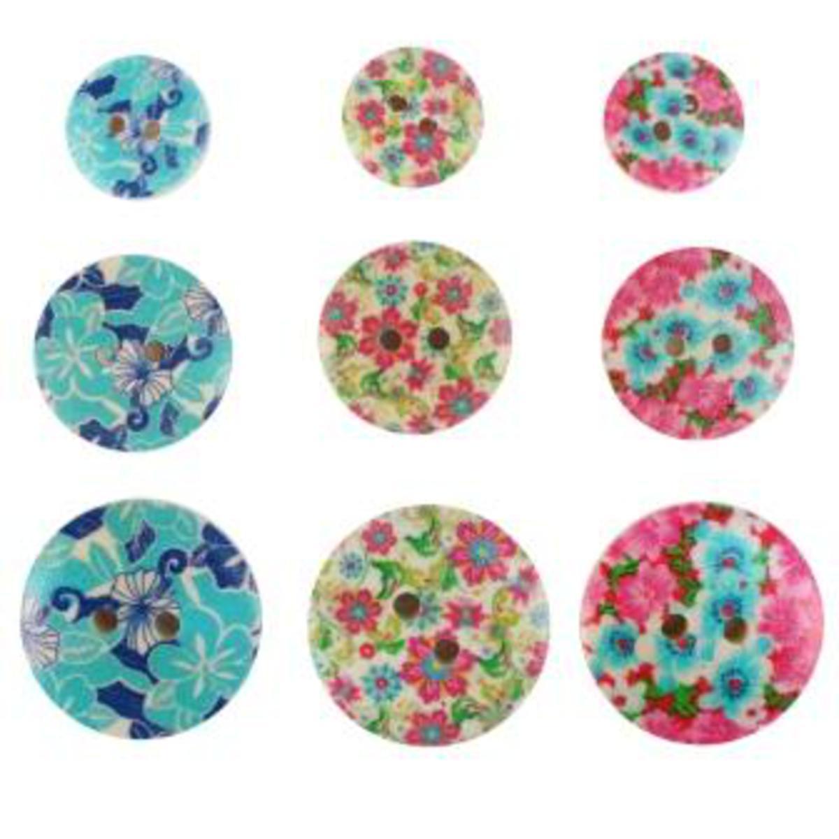Lot de 9 boutons impression fleurs - Bois - 1,5-2-2,5 cm - Multicolore
