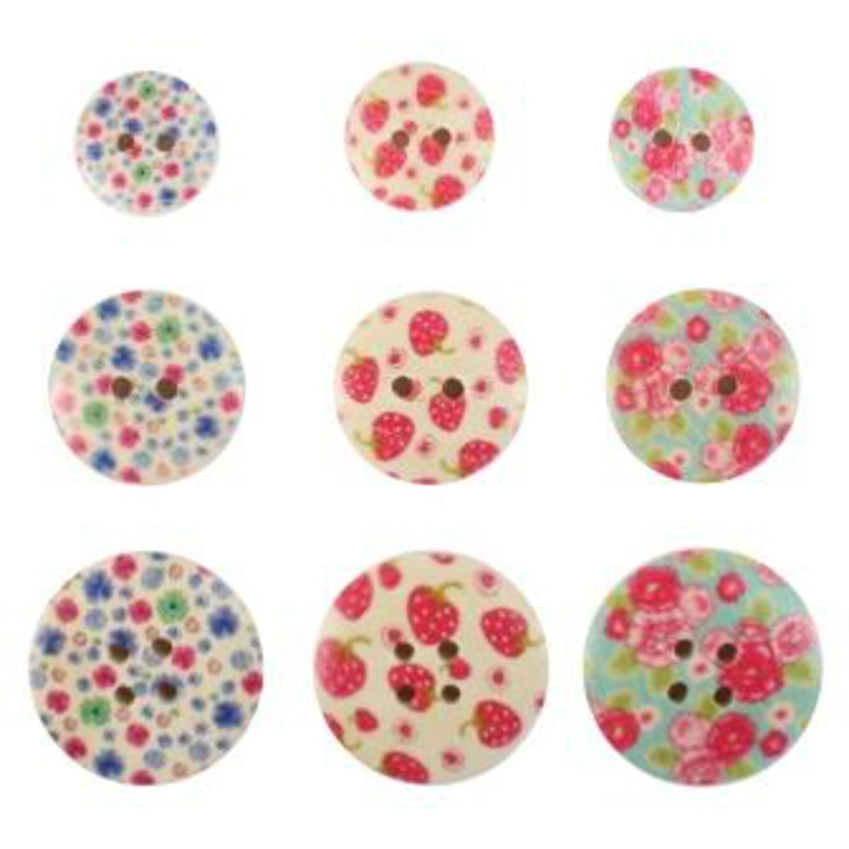 Lot de 9 boutons impression fleurs et fruits - Bois - 1,5-2-2,5 cm - Multicolore