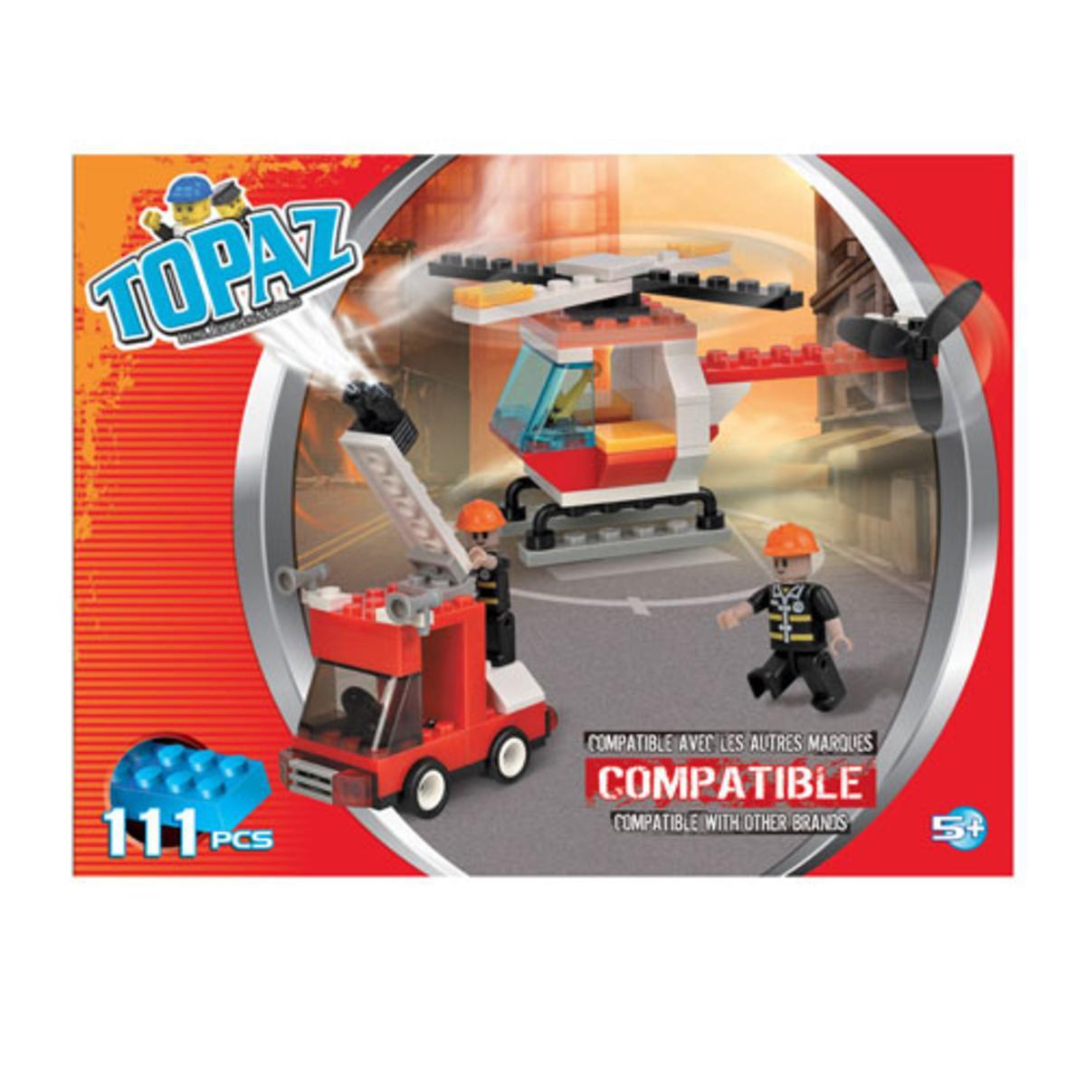 Jeu de construction camion + hélicoptère de pompiers 111 pièces en ABS et caoutchouc - 25,5 x 19,5 x 4 cm - Multicolore