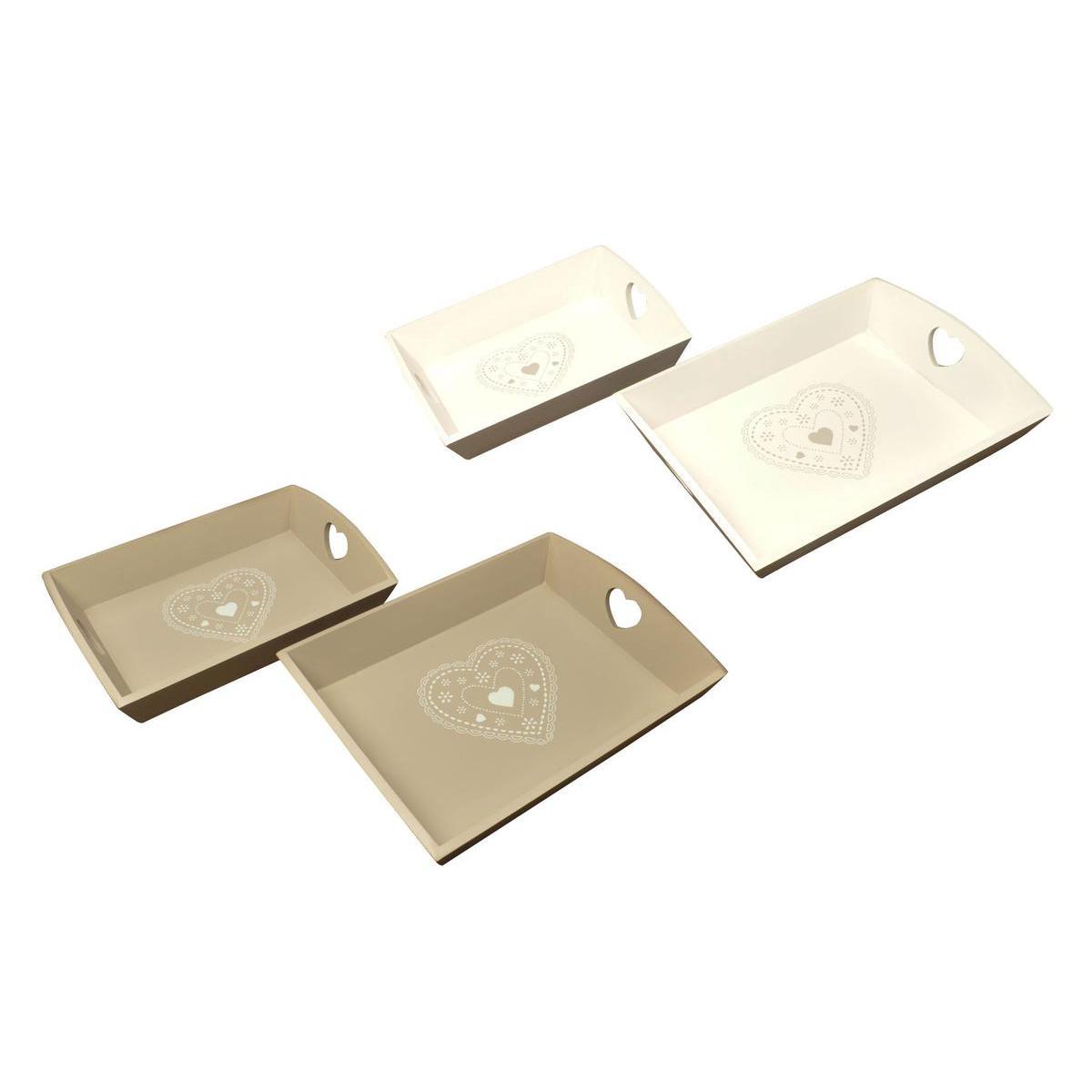 Lot de 2 plateaux motif cœur - Bois - 40 x 30 x 8 cm / 35 x 25 x 7,5 cm - Marron, Beige