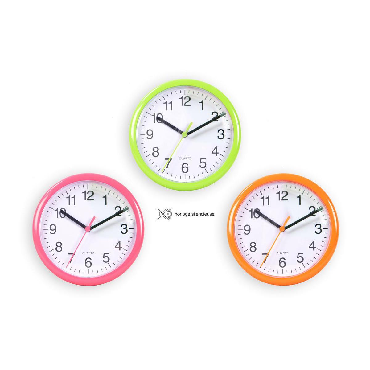 Horloge à mécanisme silencieux en plastique - Diamètre 19 cm - Vert, Rose, Orange