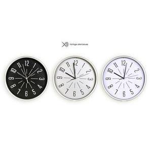 Horloge à mécanisme silencieux en plastique - Diamètre 25 x H 4,2 cm - Noir, Blanc, Gris