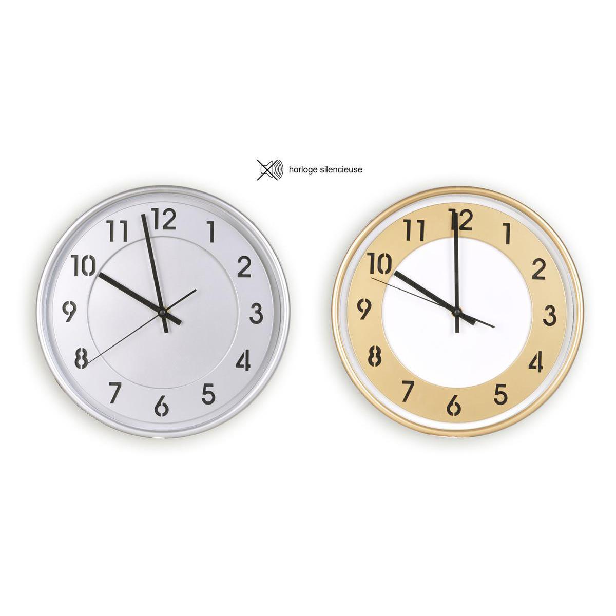 Horloge à mécanisme silencieux en plastique -  Diamètre 30 x H 4,2 cm - Gris, Jaune or