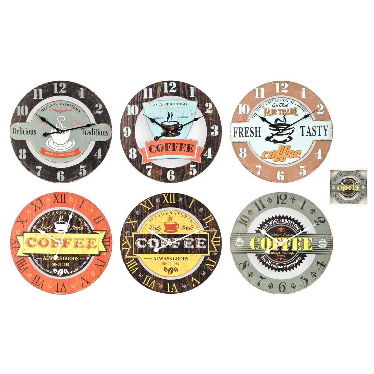 Horloge thème café en MDF - Diamètre 40 x 5,5 cm - Multicolore
