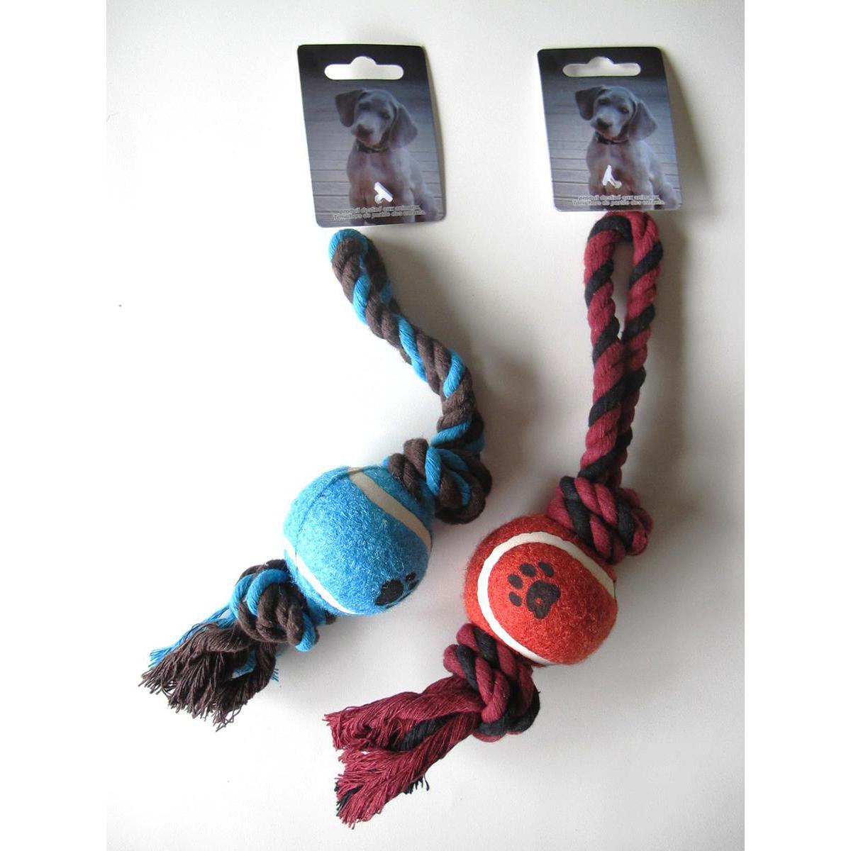 Jouet corde avec balle petit modèle - Coton - 24 x 5 cm - Noir et rouge ou bleu et marron