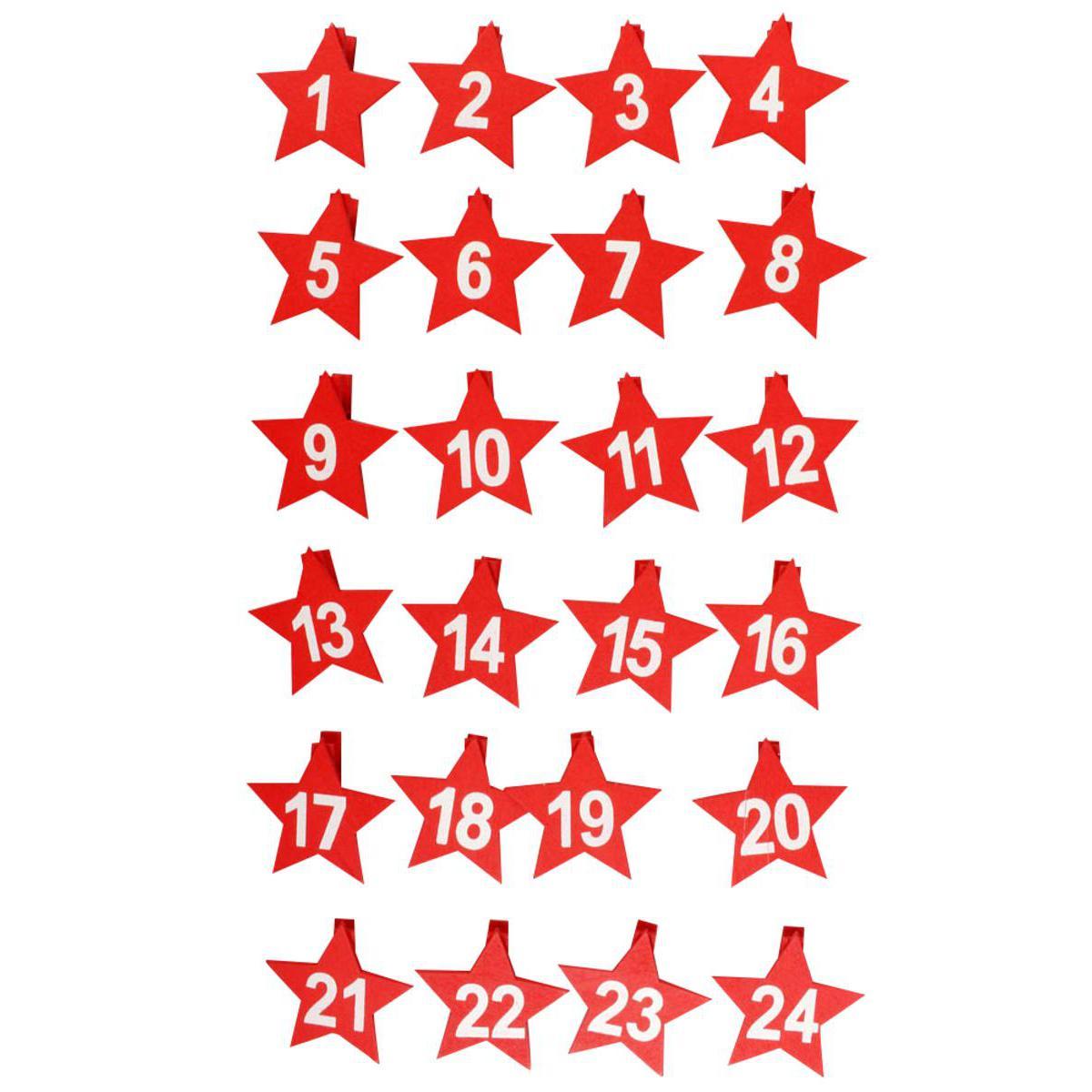 Lot de 24 pinces à linge numérotés motif étoile - Bois - 4,5 cm - Rouge