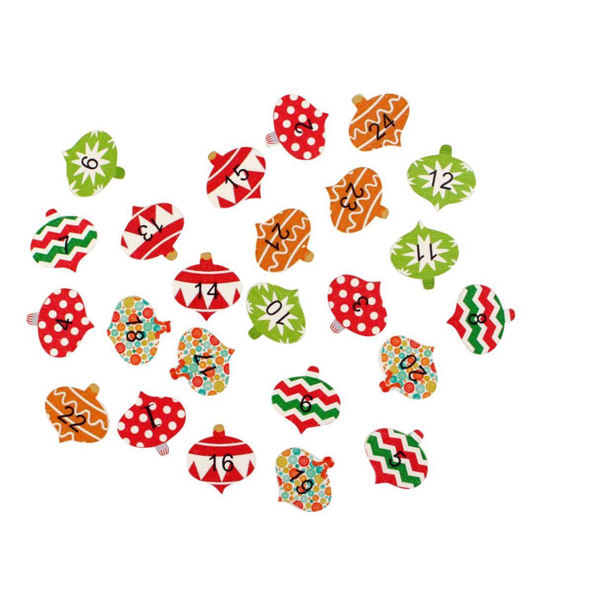 Lot de 24 stickers chiffres forme boule de Noël - Bois - 2,5 x 2 x 0,2 cm - Multicolore