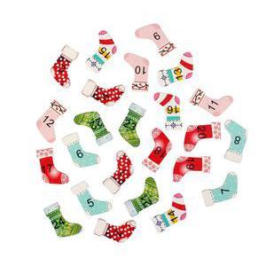Lot de 24 stickers chiffres forme chaussettes de Noël - Bois - 2,7 x 2 x 0,2 cm - Multicolore
