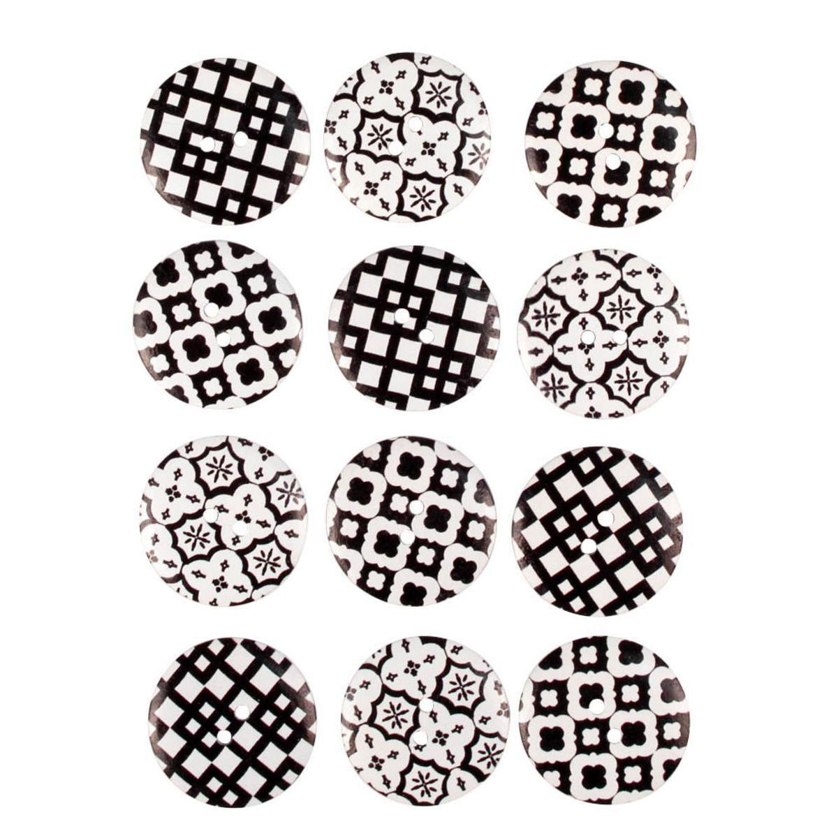 Lot de 12 boutons à motifs - Bois - 15,5 x 10 x 1 cm - Noir et blanc