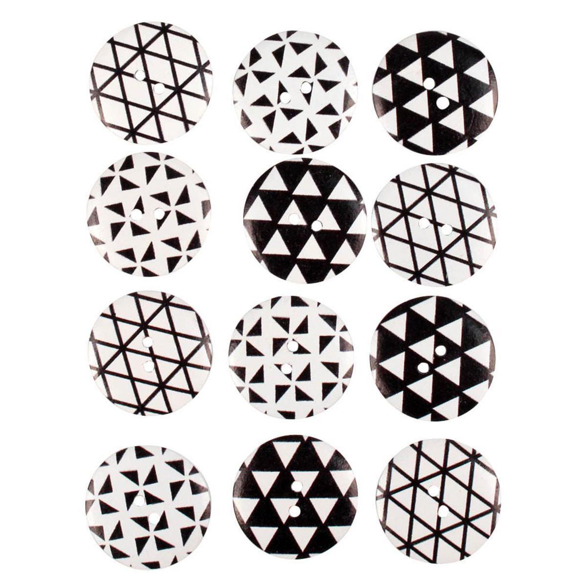Lot de 12 boutons à motifs - Bois - 15,5 x 10 x 1 cm - Noir et blanc
