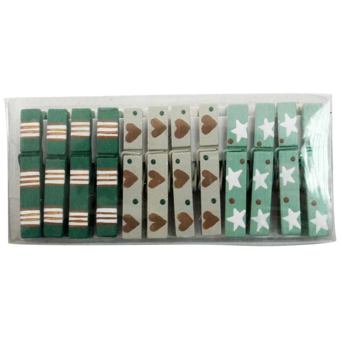 Lot de 12 pinces à linge à motifs - Bois - 4,5 cm - Vert, blanc, brun