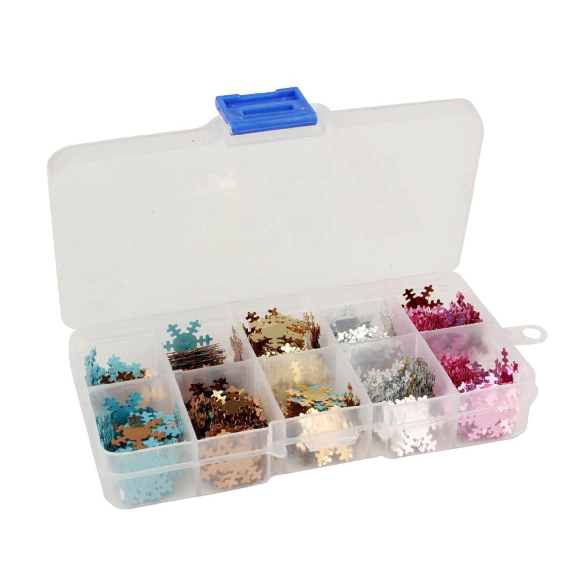 Boite de sequins forme flocons - Plastique métallisé - Diamètre 1,8 cm - Multicolore