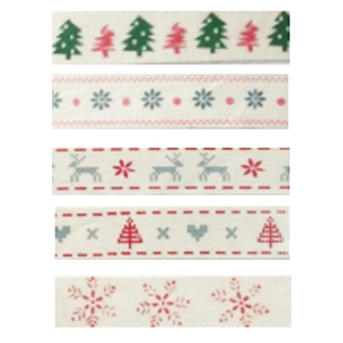 Lot de 5 rubans Noël - Coton et satin - Longueur 1 m - Beige, rouge et vert