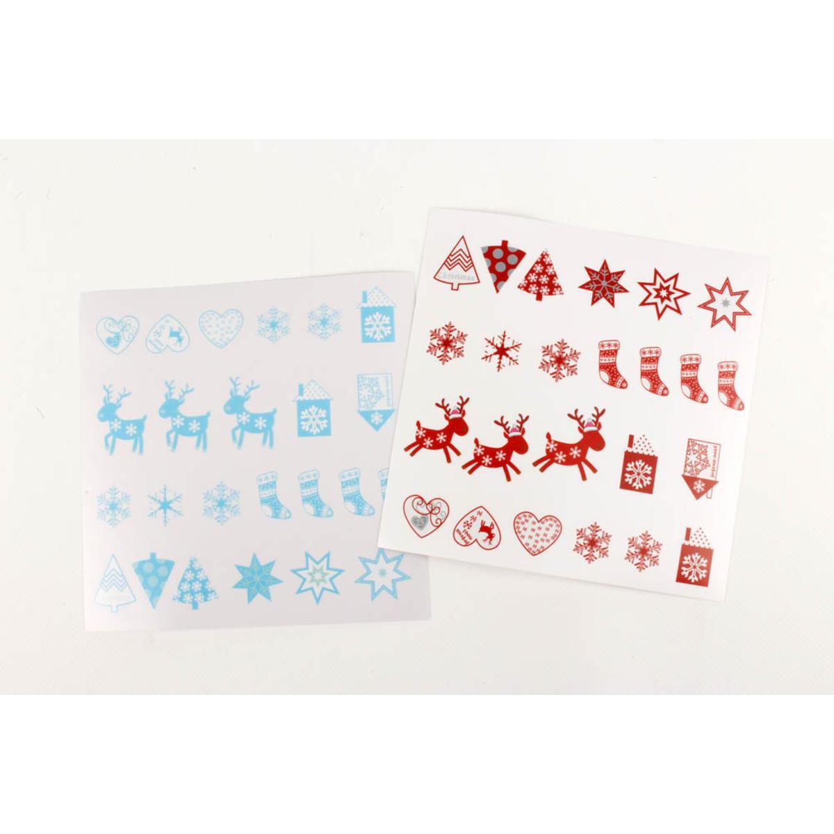 Lot de 48 stickers motifs Noël - Papier - 2 à 3,5 cm - Bleu et rouge