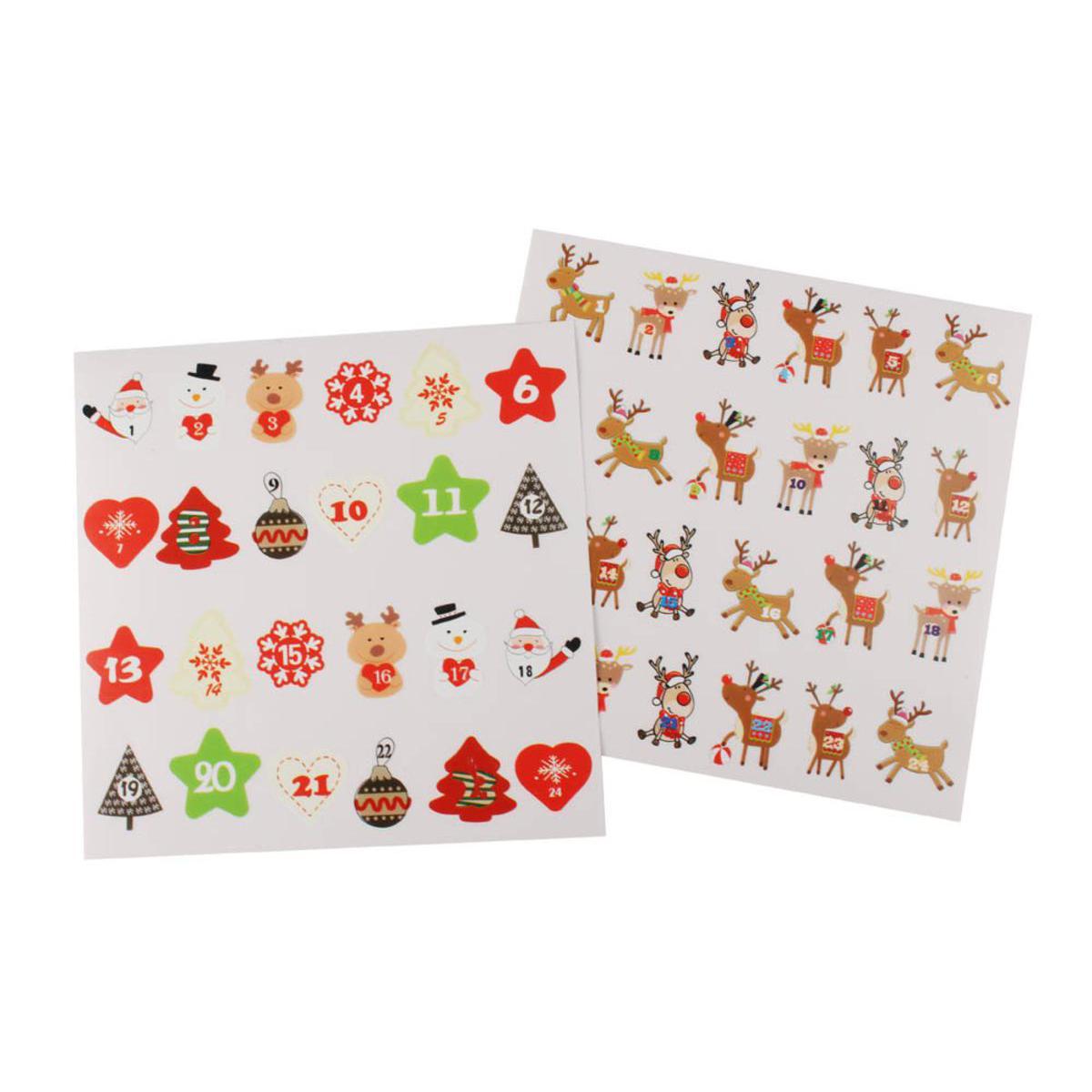 Lot de 48 stickers numérotés pour le calendrier de l'avent - Papier - 3 à 3,5 cm - Multicolore