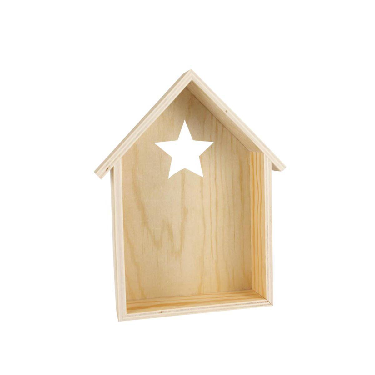 Etagère forme maison découpe étoile - Bois - 25 x 19,5 x 7 cm - Beige