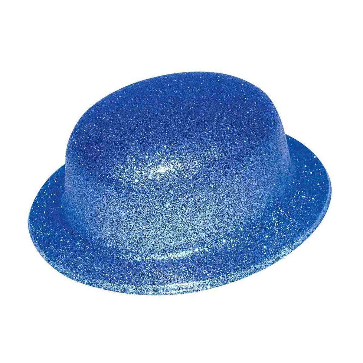 Chapeau melon pailleté en plastique - 26 x 23 x H 12 cm - Bleu