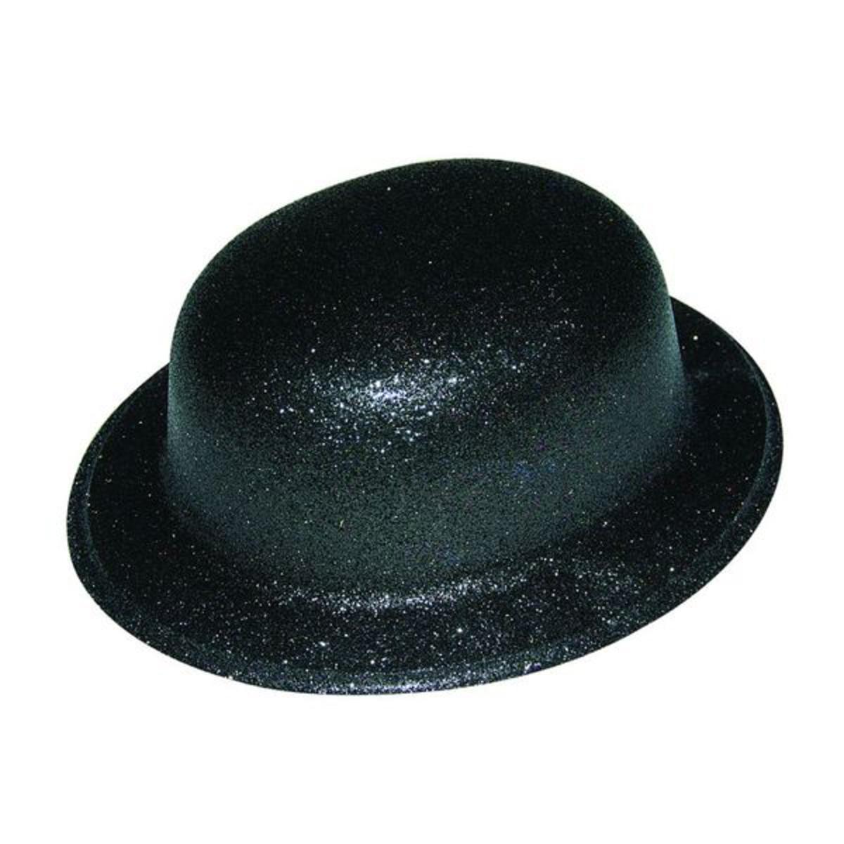 Chapeau melon pailleté en plastique - 26 x 23 x H 12 cm - Noir