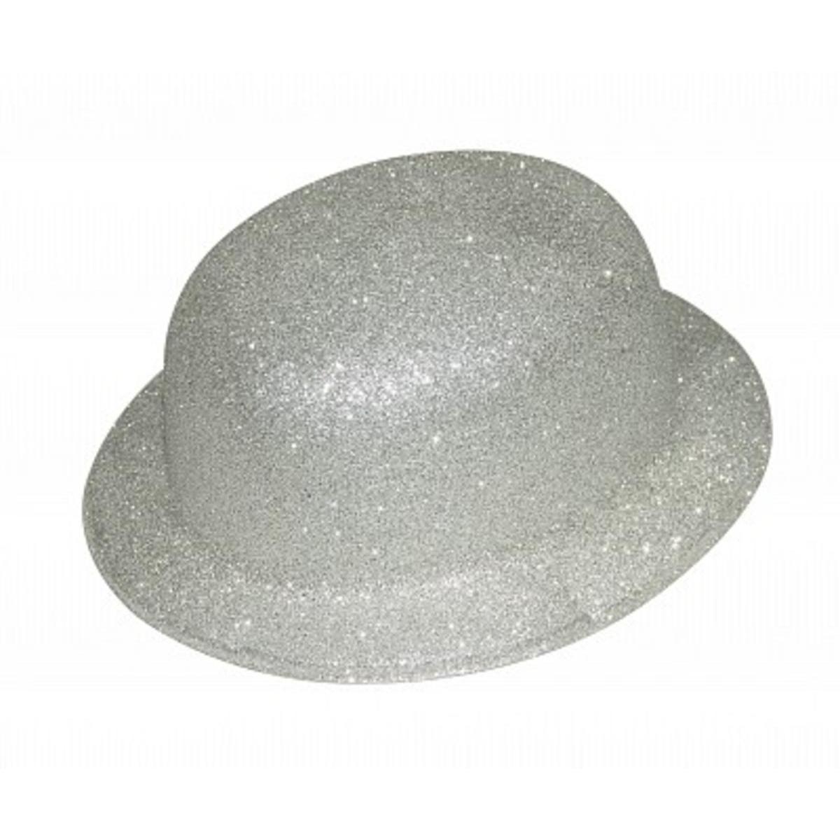 Chapeau melon pailleté en plastique - 26 x 23 x H 12 cm - Argent