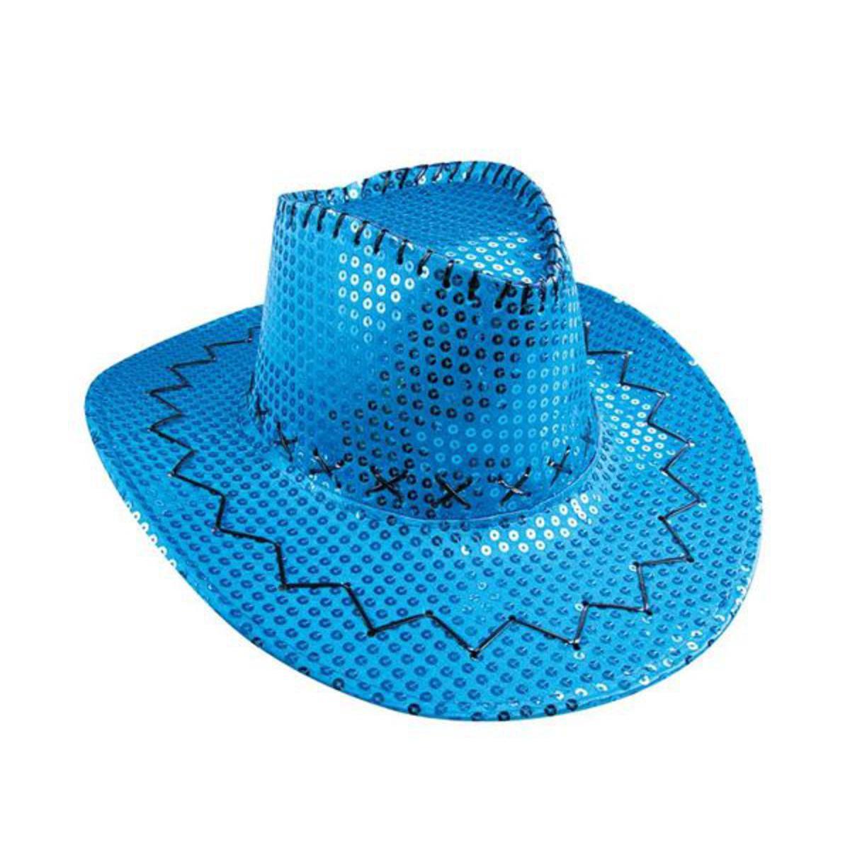 Chapeau de cowboy à sequins en polyester - 38 x 34 x H 11 cm - Bleu turquoise