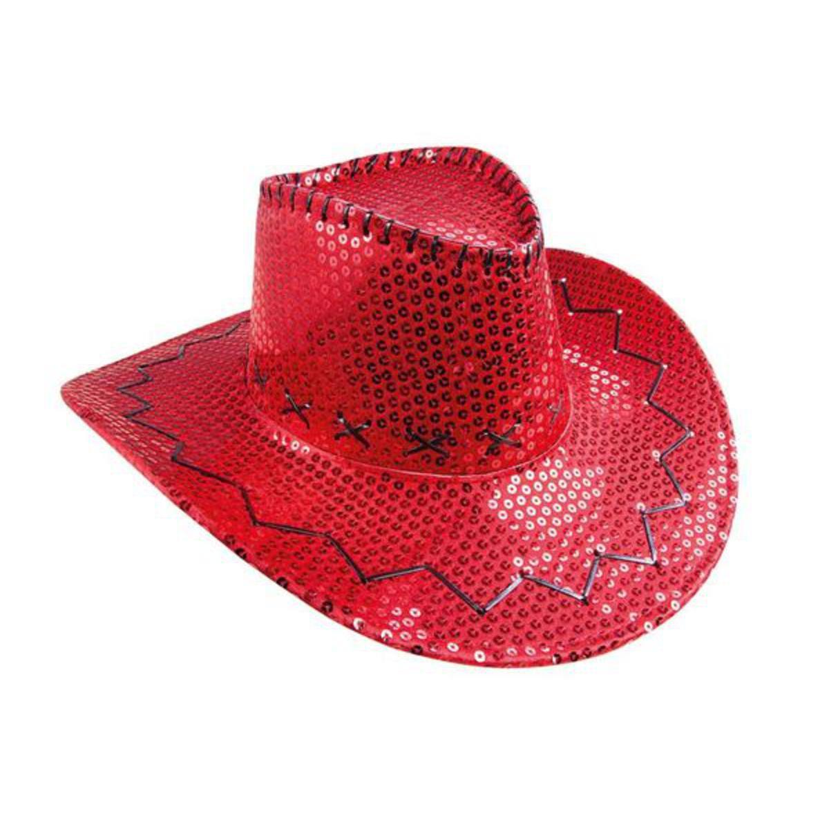 Chapeau de cowboy à sequins en polyester - 38 x 34 x H 11 cm - Rouge