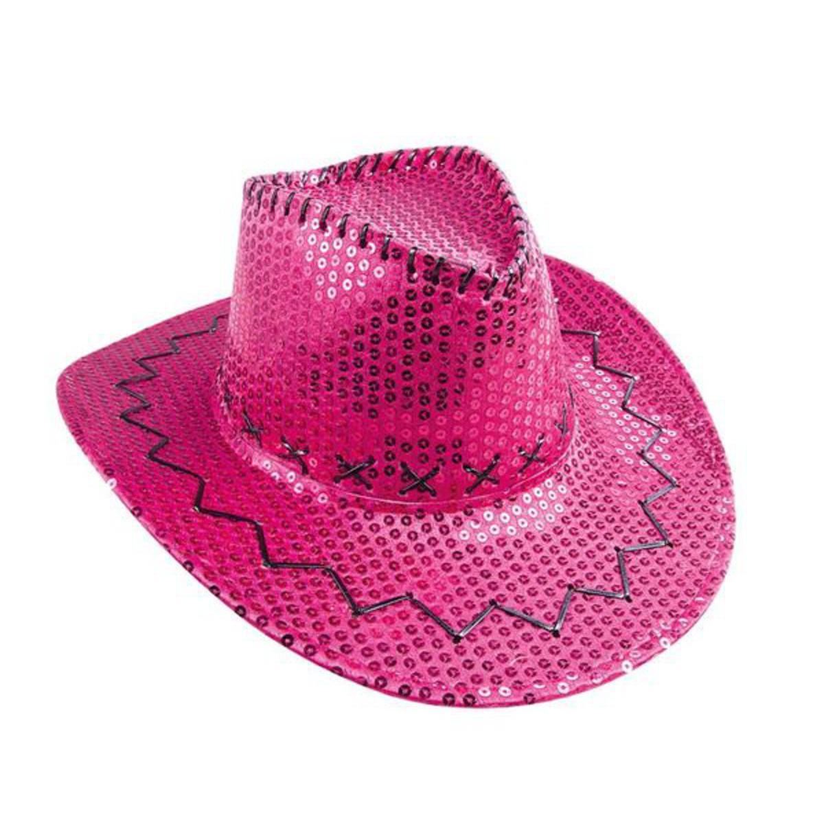 Chapeau de cowboy à sequins en polyester - 38 x 34 x H 11 cm - Rose