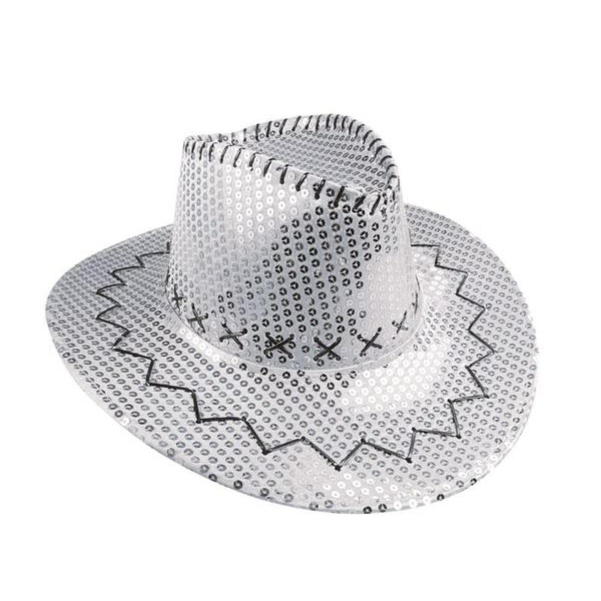 Chapeau de cowboy à sequins en polyester - 38 x 34 x H 11 cm - Argent