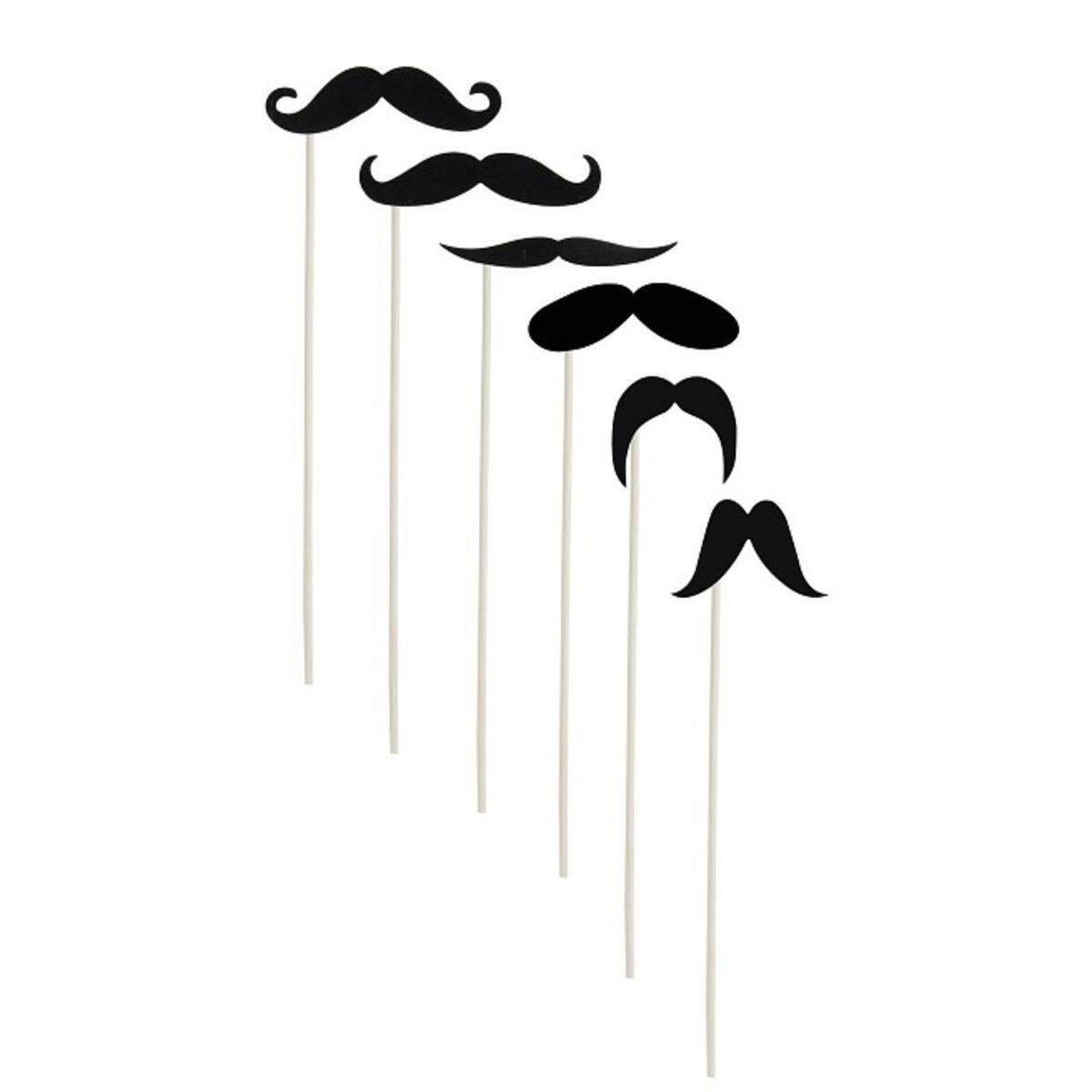 Lot de 6 moustaches sur bâton en carton et bois - 20,5 x 5 cm - Multicolore