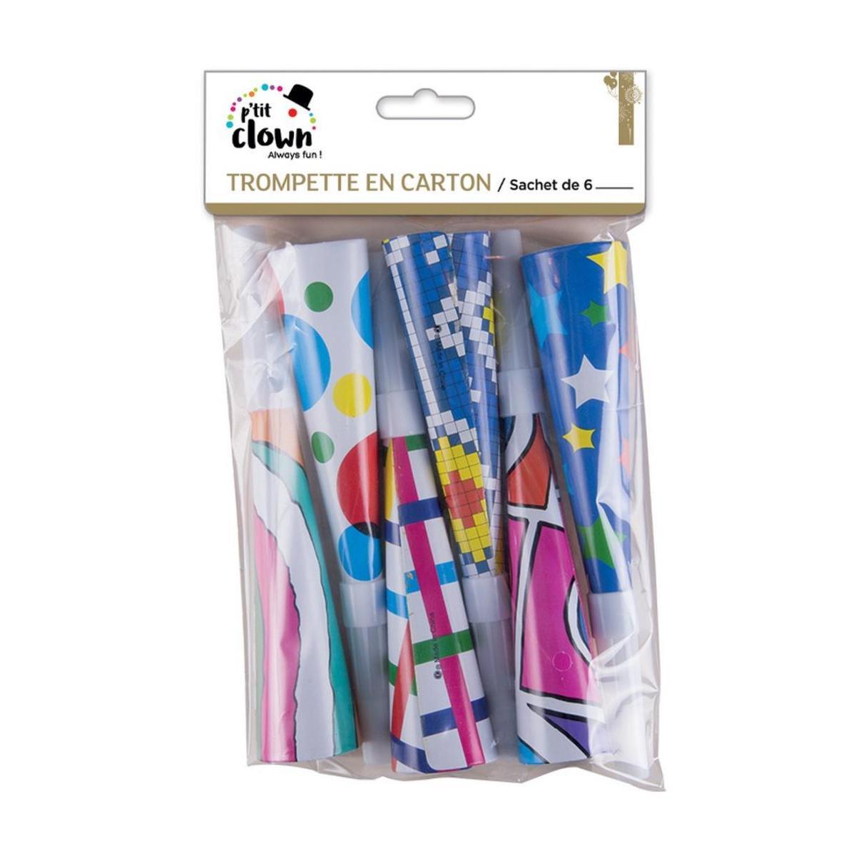 Sachet de 6 trompettes en carton - 17 x 4 cm - Multicolore