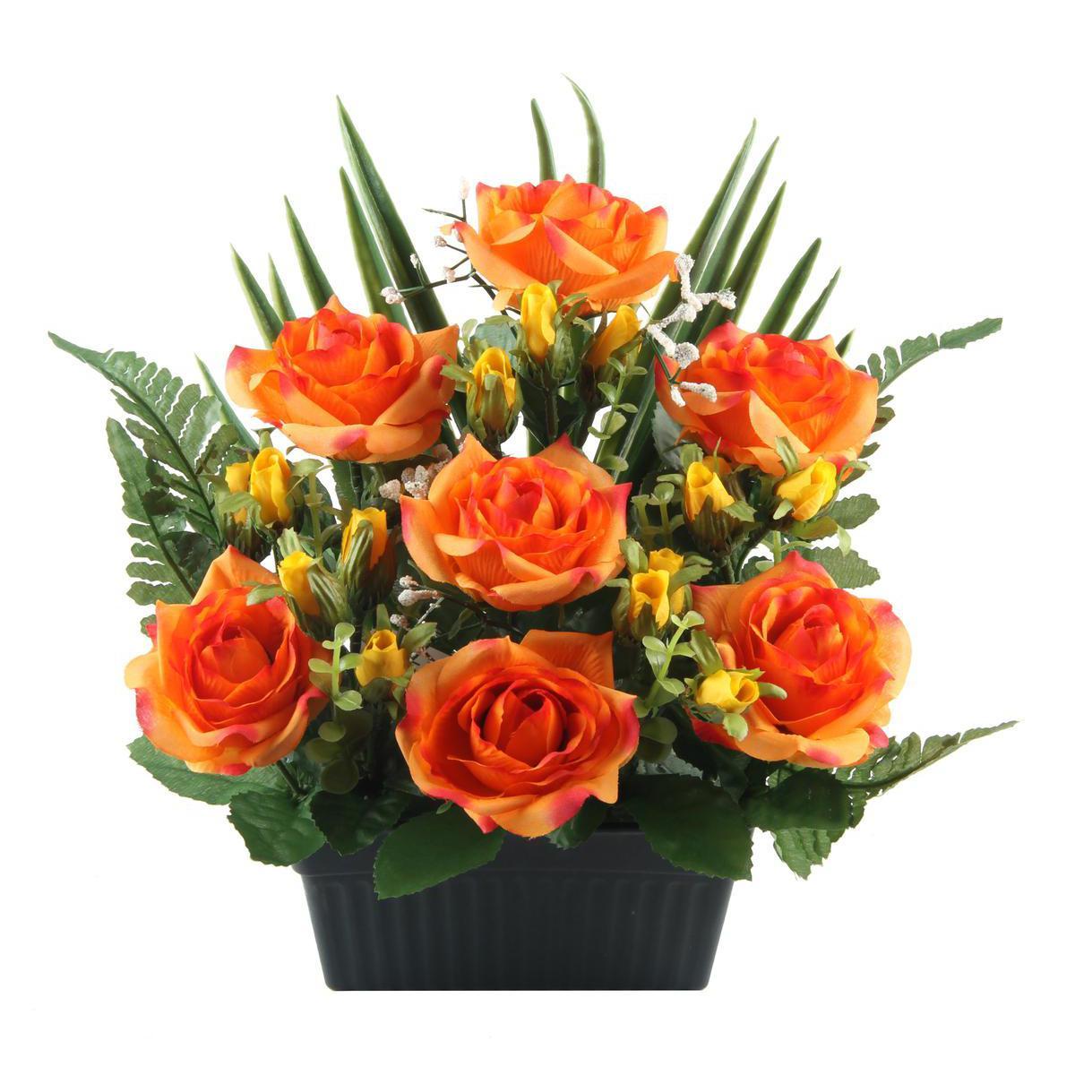 Jardinière de 7 roses et palme en pot lesté - Plastique et  polyester - 16 x 10 x 27 cm - Orange et rose