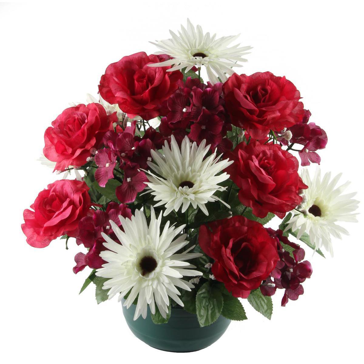 Composition de gerberas, hortensias et roses en pot lesté - Plastique et  polyester - Diam. 19 x 40cm - Violet et rouge