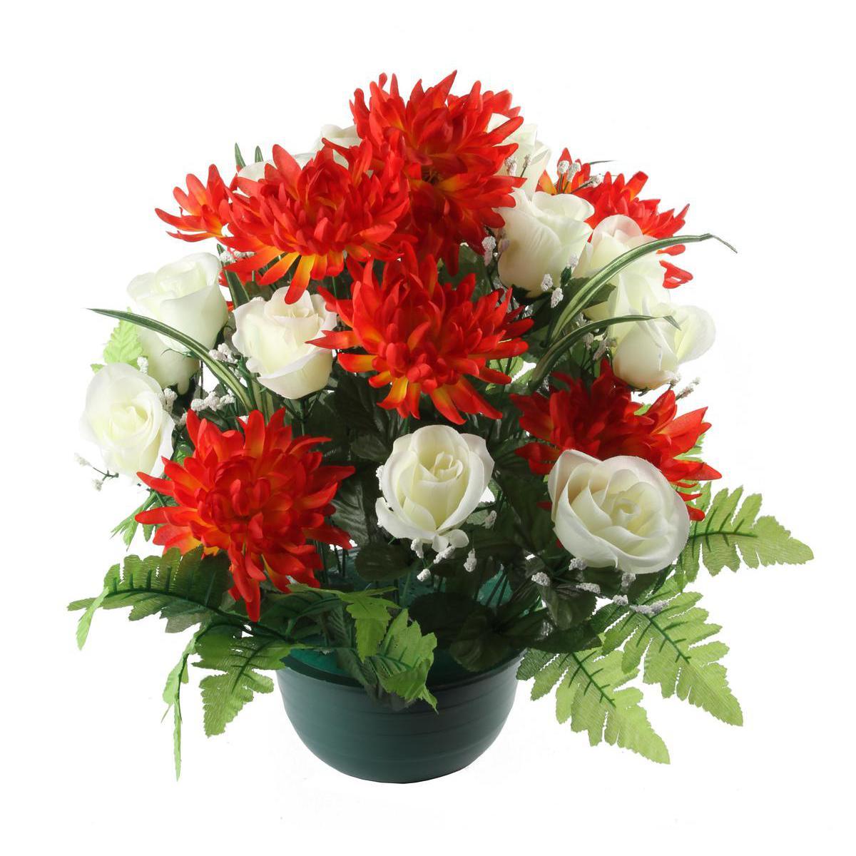 Composition de boutons de roses et chrysanthèmes en pot lesté - Plastique et  polyester - Diam. 19 x 48 cm - Rose, orange et rouge